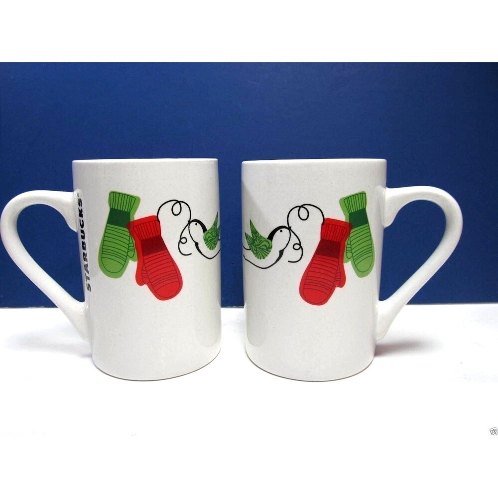 STARBUCKS HOLIDAY MUGS WITH MITTENS AND BIRDS SET OF TWO 10 OZ 2011